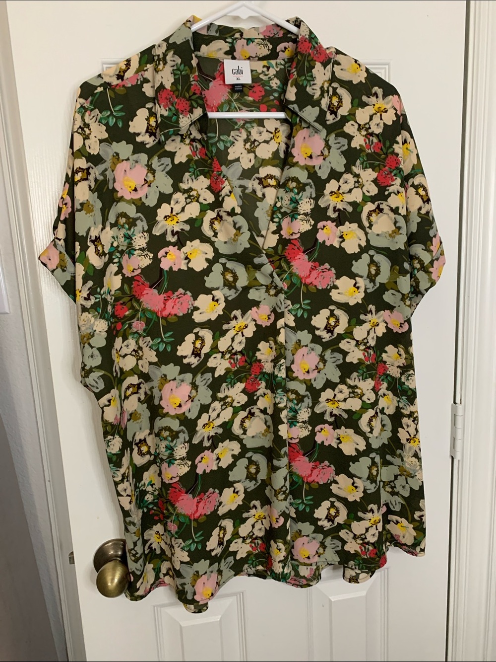 CAbi Olive Floral  Blouse with Pink & Cream Blooms